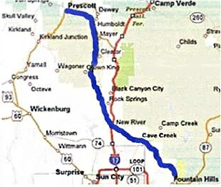 A detail of a contemporary map with an added blue line showing the Stoneman Road.